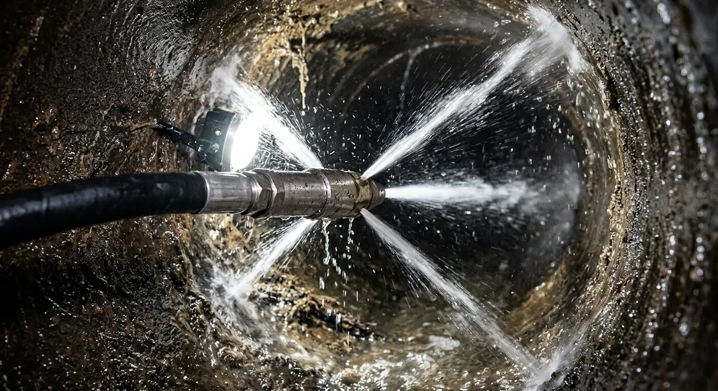 High-pressure hydro jetting nozzle cleaning sewer pipe for Emergency Drain Service in Canal Fulton