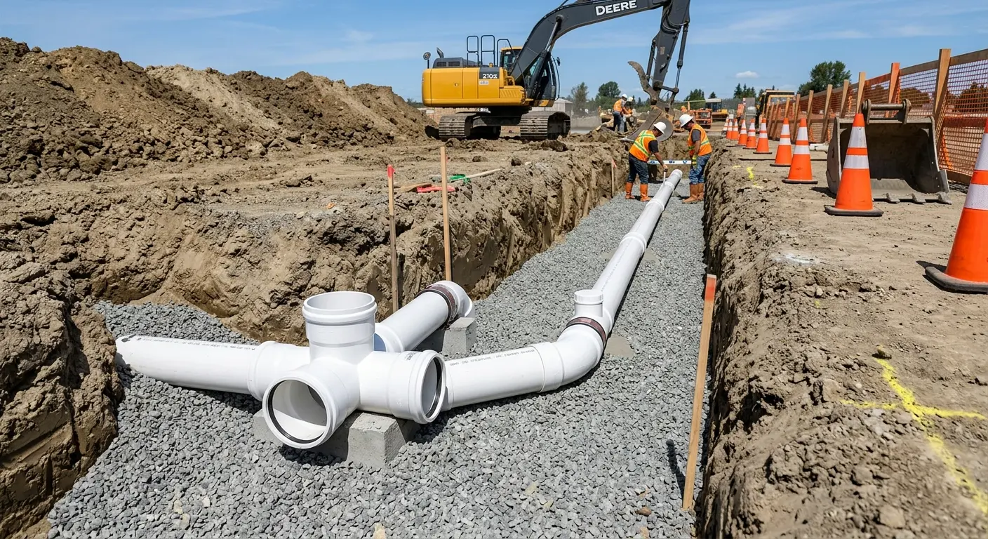 New PVC sewer pipe installation in open trench for Commercial Drain Cleaning in Canal Fulton