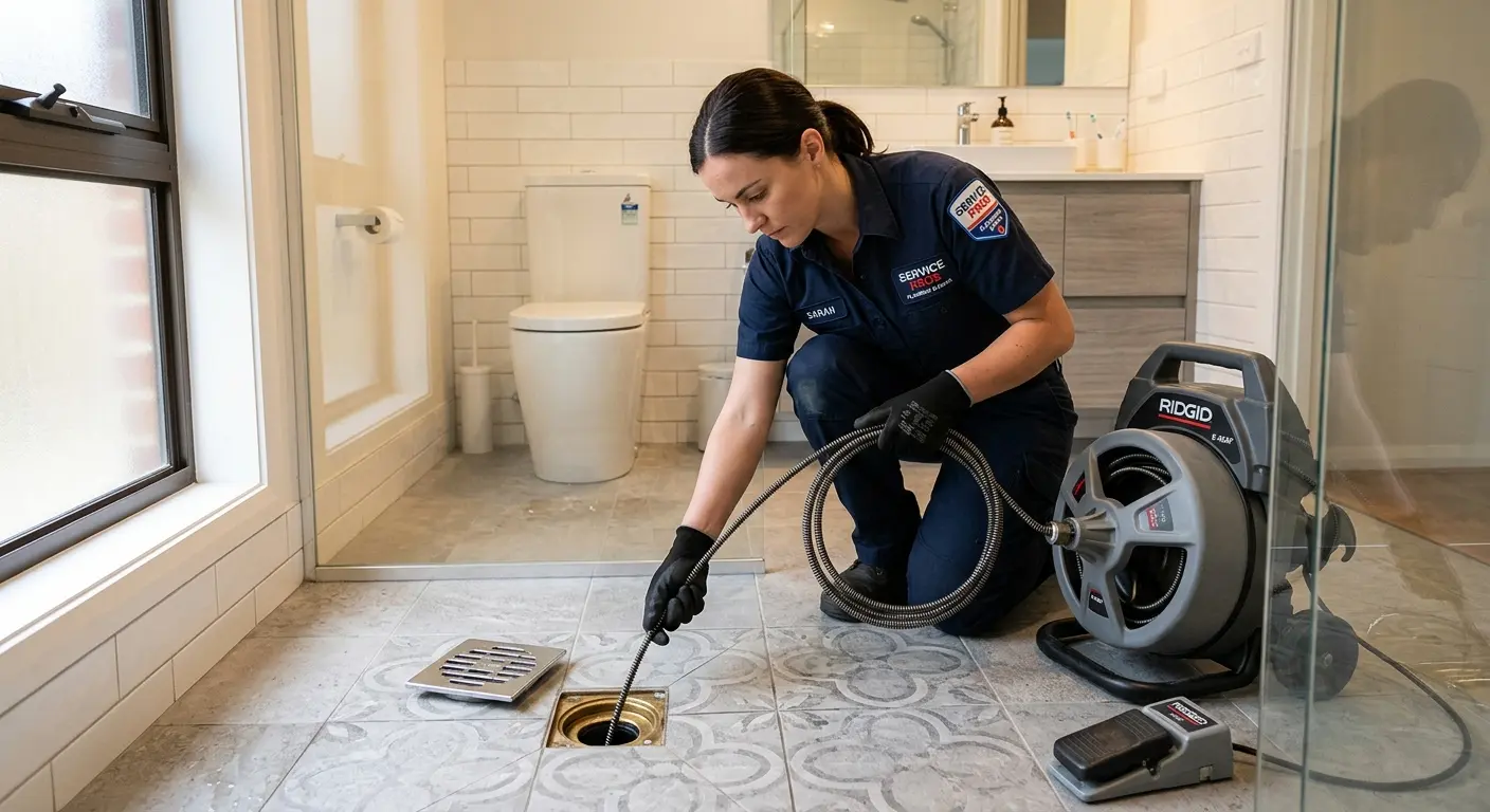 Technician clearing a bathroom floor drain for Clogged Drain Repair in Canal Fulton